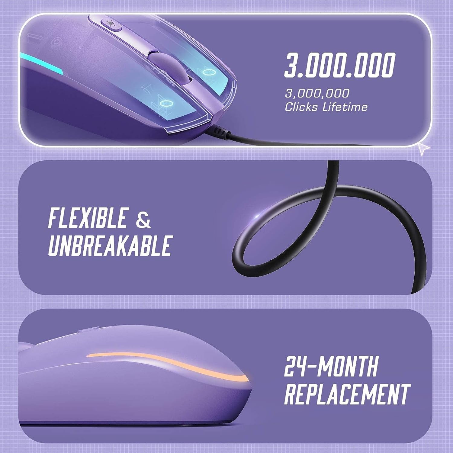Wired Mouse, RGB Backlit 1600 DPI Corded Mouse for Laptop/Pc, Purple | Plug-And-Play with Quiet Clicks and Optical Tracking for Laptop, PC, Chromebook, Desktop, Office, School, and Home