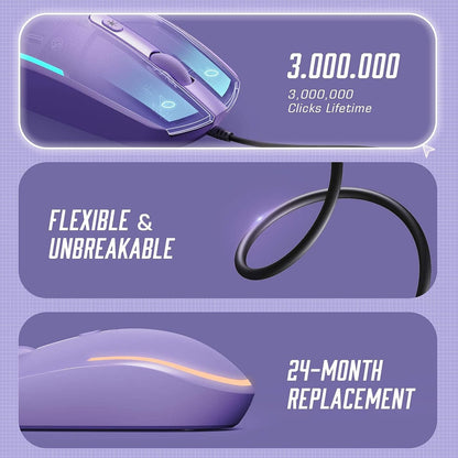 Wired Mouse, RGB Backlit 1600 DPI Corded Mouse for Laptop/Pc, Purple | Plug-And-Play with Quiet Clicks and Optical Tracking for Laptop, PC, Chromebook, Desktop, Office, School, and Home