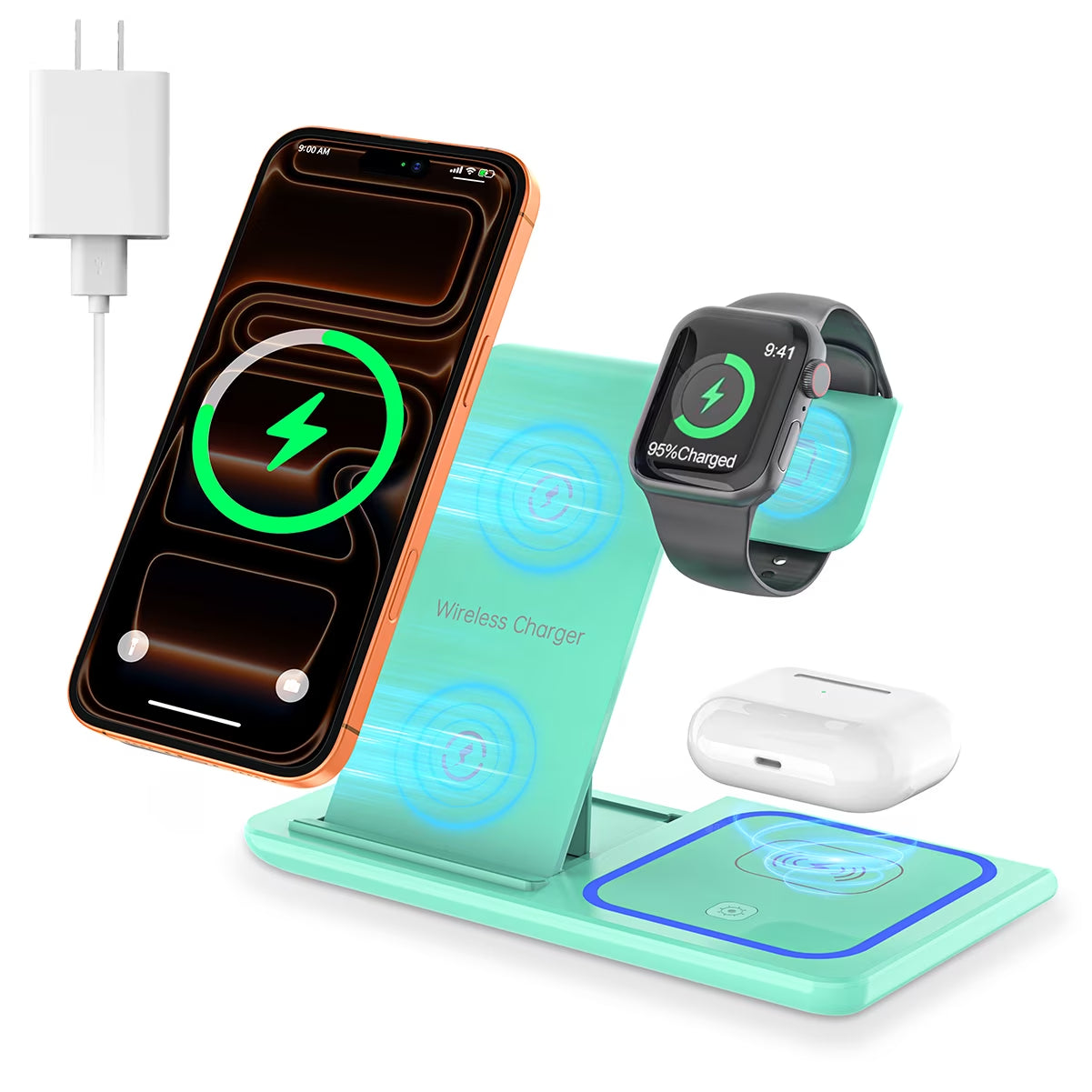 3-in-1 Wireless Charging Station, 18W Fast Charger Dock for Apple Watch Series 1-11, iPhone 14-17, Samsung Devices, and AirPods