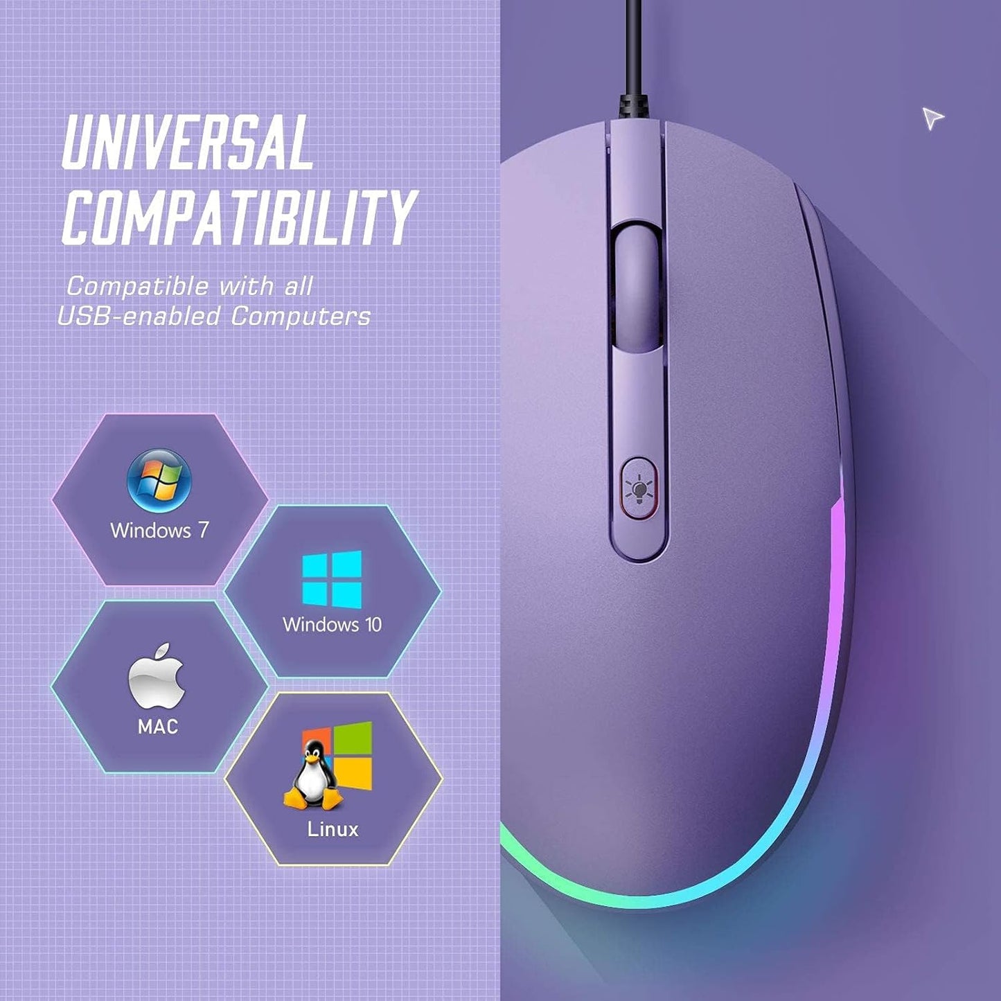 Wired Mouse, RGB Backlit 1600 DPI Corded Mouse for Laptop/Pc, Purple | Plug-And-Play with Quiet Clicks and Optical Tracking for Laptop, PC, Chromebook, Desktop, Office, School, and Home