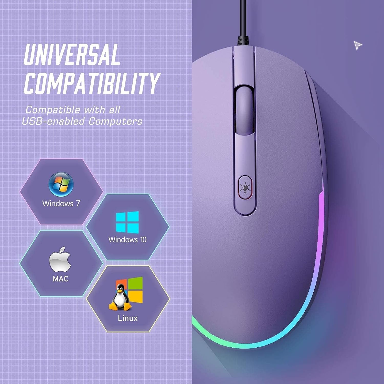 Wired Mouse, RGB Backlit 1600 DPI Corded Mouse for Laptop/Pc, Purple | Plug-And-Play with Quiet Clicks and Optical Tracking for Laptop, PC, Chromebook, Desktop, Office, School, and Home
