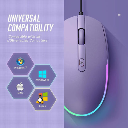Wired Mouse, RGB Backlit 1600 DPI Corded Mouse for Laptop/Pc, Purple | Plug-And-Play with Quiet Clicks and Optical Tracking for Laptop, PC, Chromebook, Desktop, Office, School, and Home