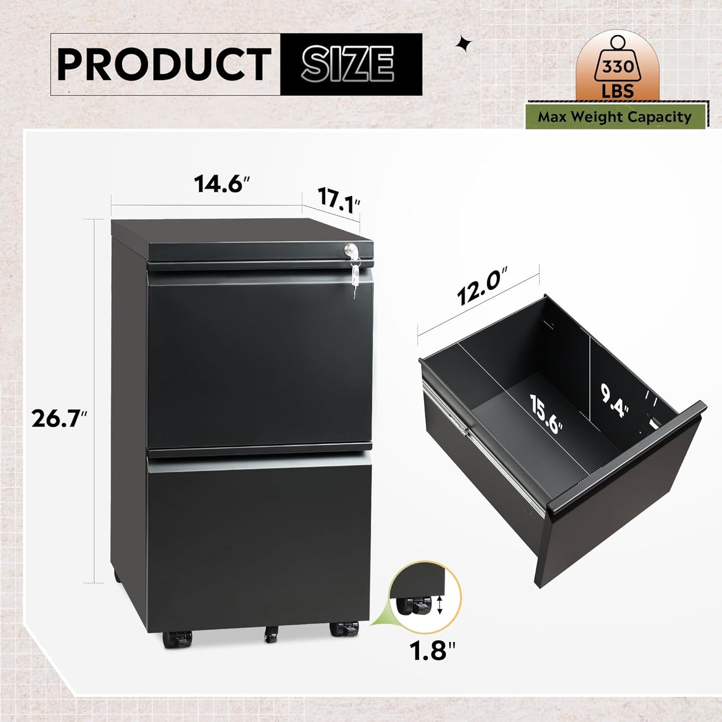 2 Drawer Metal File Cabinet, Fully Assembled Filing Cabinet | under Desk Mobile File Cabinet with Lock for Home Office, Fits Letter/Legal/A4 Size Files, Black