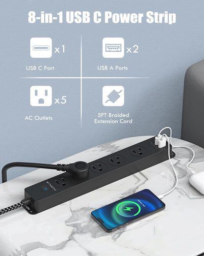 Surge Protector Power Strip with USB C Ports, 5FT Braided Extension Cord, 5 Outlets and 3 USB Ports(1 USB C),  Mountable Power Strips Flat Plug with Overload Protection | 5 Outlets and 3 USB Ports(1 USB C), Mountable Power Strips Flat Plug with Overload Protection for Home, Dorm, Office