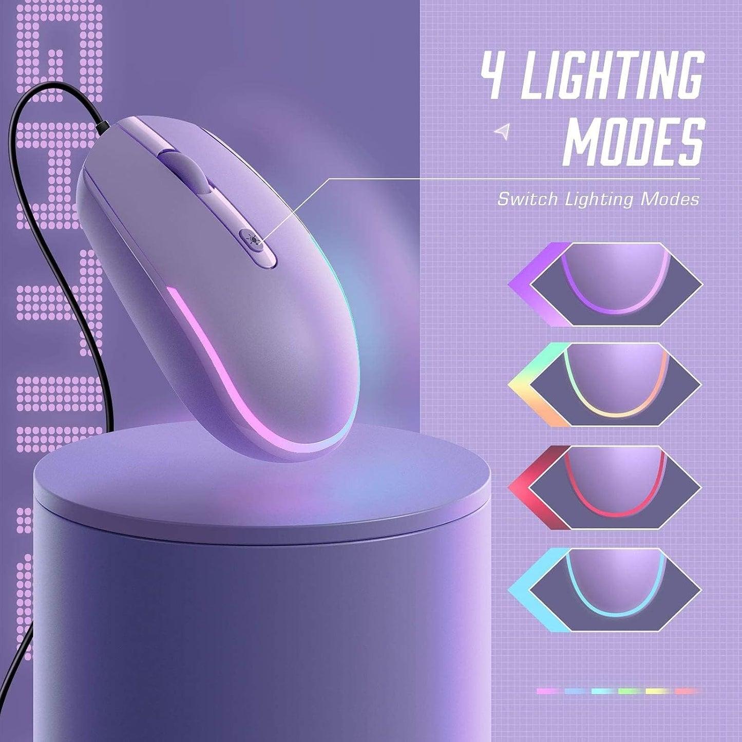 Wired Mouse, RGB Backlit 1600 DPI Corded Mouse for Laptop/Pc, Purple | Plug-And-Play with Quiet Clicks and Optical Tracking for Laptop, PC, Chromebook, Desktop, Office, School, and Home