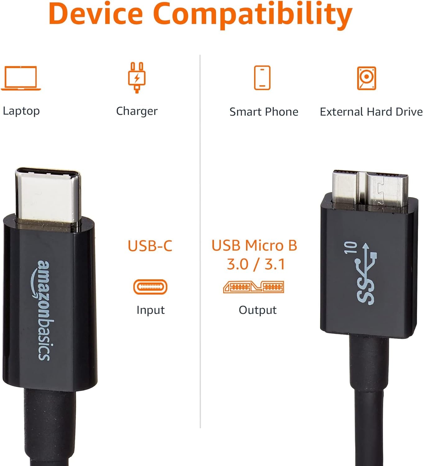 USB-C to Micro USB 3.1 Gen 2 Fast Charging Cable, 10Gbps High-Speed Data Transfer, Compatible with External Hard Drive, 3 Foot, Black