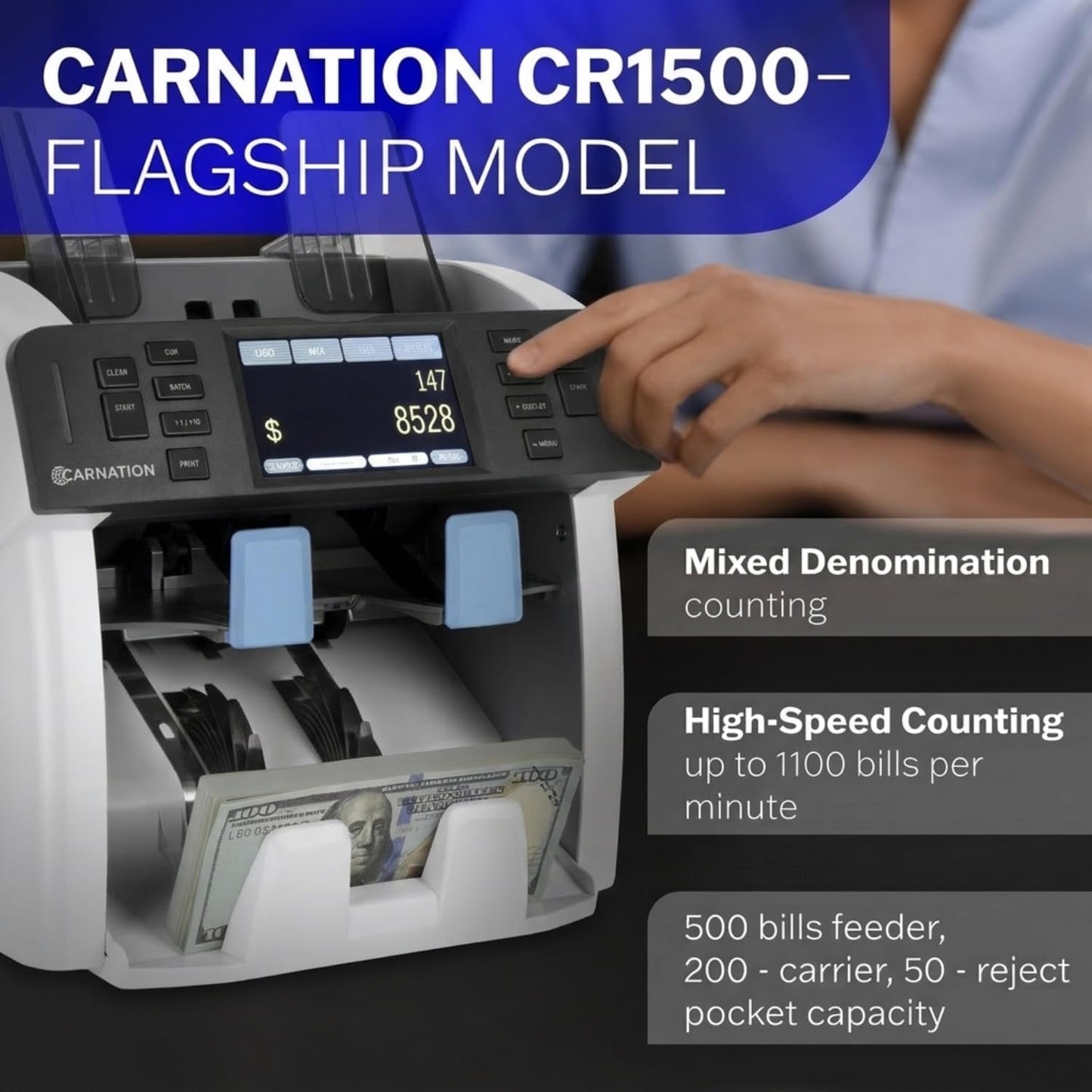 Money Counter Machine Cash Counting & Mixed Denomination Bill Counter, Portable Currency Detector, Counterfeit Bank Scanner, Dollar Sorter for Commercial, 1100 N/M, UV/MG/MT/IR/2CIS