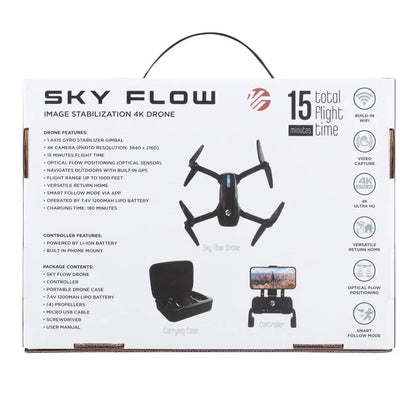 Sky Flow 4K Aerial Camera Drone Image Stabilization & Carrying Case, Black