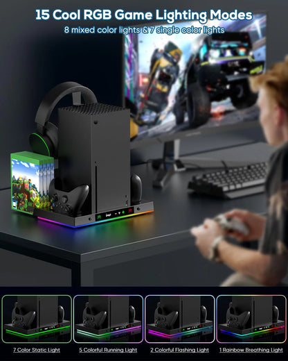 Enhanced RGB Cooling Fan and Charging Station for Xbox Series X Console and Controller - Wireless Dual Charger Dock and Cooler System Stand with 15 Color Light Modes and Accessory Storage