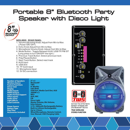 Electronics Portable Bluetooth Party Speaker with Disco Light, 8-Inch, Blue