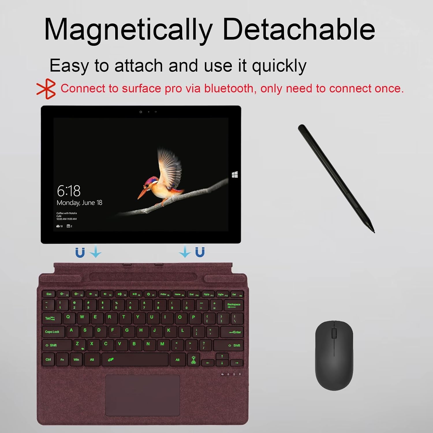 Ultra-Slim Bluetooth Keyboard with Multi-Touchpad and 7-Color LED Backlight for Microsoft Surface Pro 11/10/9/8/X, 13 Inch (Burgundy)