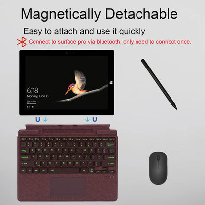 Ultra-Slim Bluetooth Keyboard with Multi-Touchpad and 7-Color LED Backlight for Microsoft Surface Pro 11/10/9/8/X, 13 Inch (Burgundy)