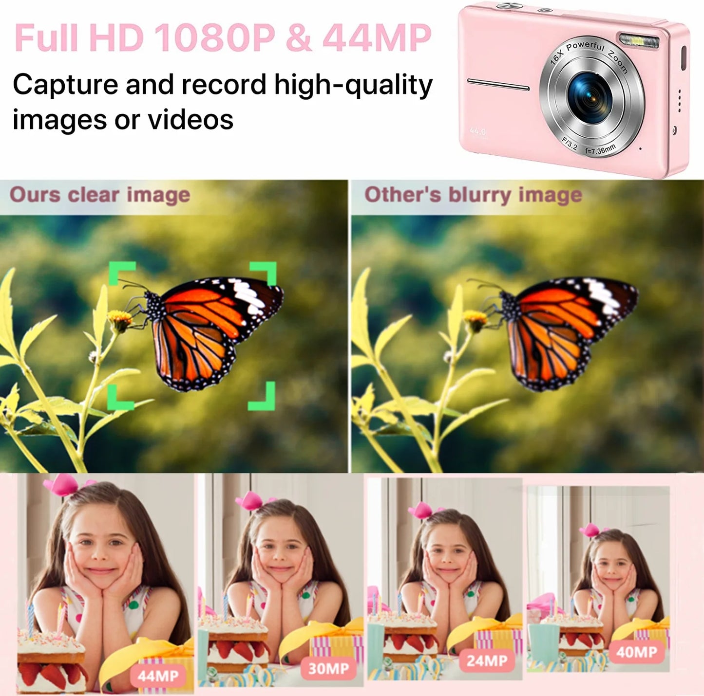 1080P Digital Camera 44MP 16X Digital with 32GB Card Zoom Compact Point and Shoot Camera Portable Small Camera Starter Camera for Teens Students Boys Girls Seniors