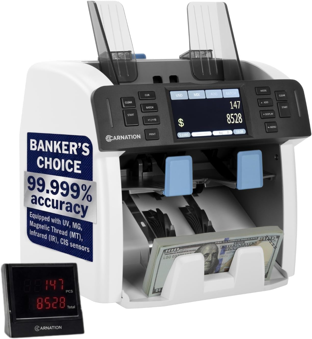 Money Counter Machine Cash Counting & Mixed Denomination Bill Counter, Portable Currency Detector, Counterfeit Bank Scanner, Dollar Sorter for Commercial, 1100 N/M, UV/MG/MT/IR/2CIS