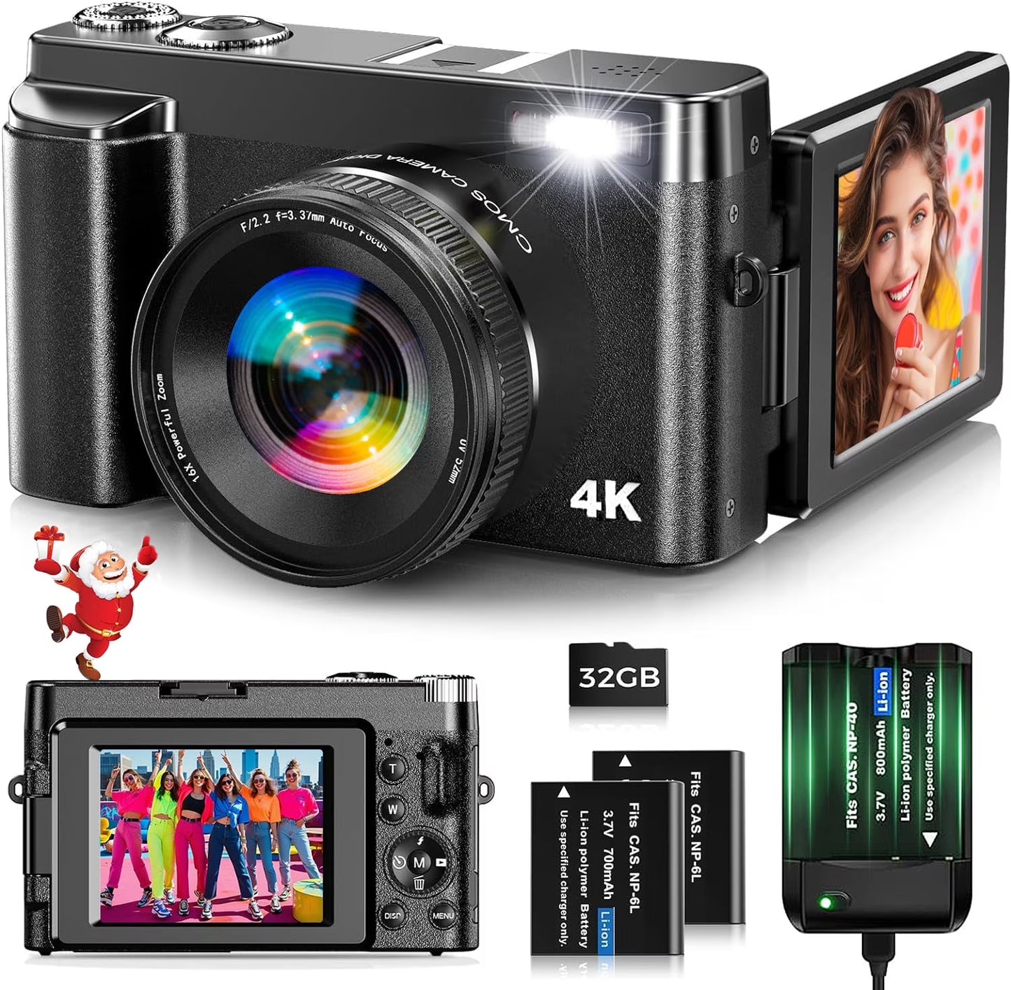 Digital Camera 4K 48MP Vlogging Camera for Youtube Autofocus 16X Digital Zoom Video Cameras with 32GB SD Card