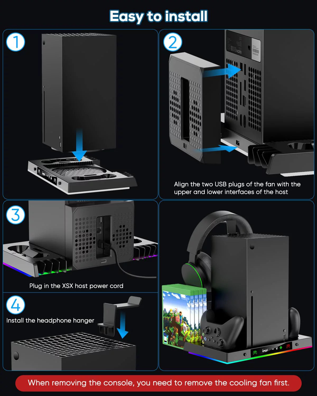 Enhanced RGB Cooling Fan and Charging Station for Xbox Series X Console and Controller - Wireless Dual Charger Dock and Cooler System Stand with 15 Color Light Modes and Accessory Storage