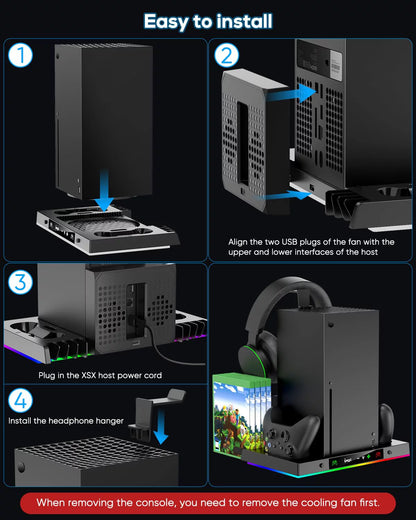 Enhanced RGB Cooling Fan and Charging Station for Xbox Series X Console and Controller - Wireless Dual Charger Dock and Cooler System Stand with 15 Color Light Modes and Accessory Storage