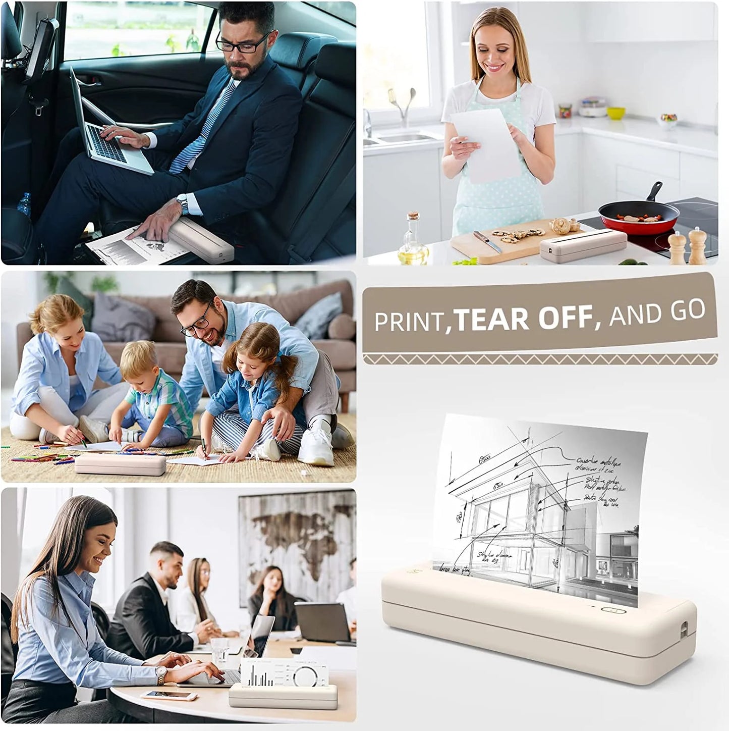 Portable Wireless Thermal Inkless Printer for Android and iOS Devices, Beige