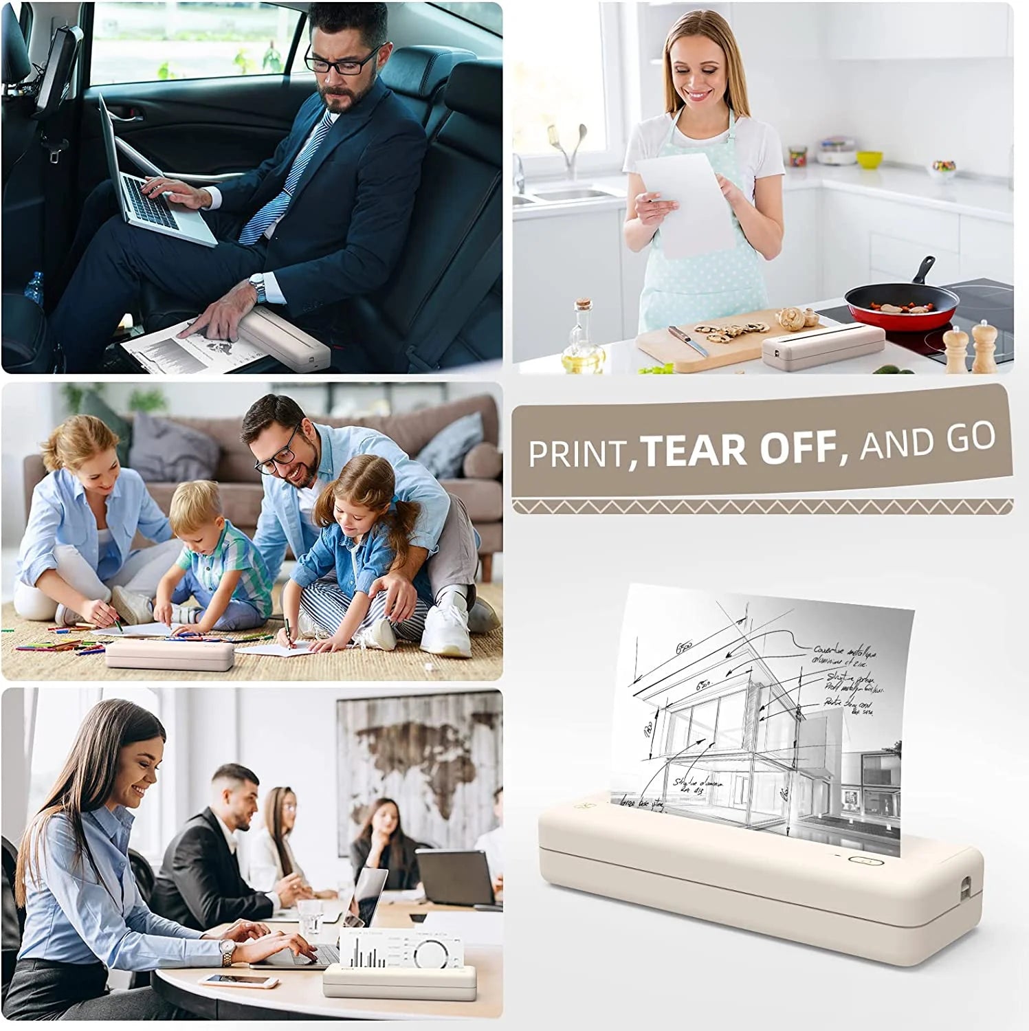 Portable Wireless Thermal Inkless Printer for Android and iOS Devices, Beige