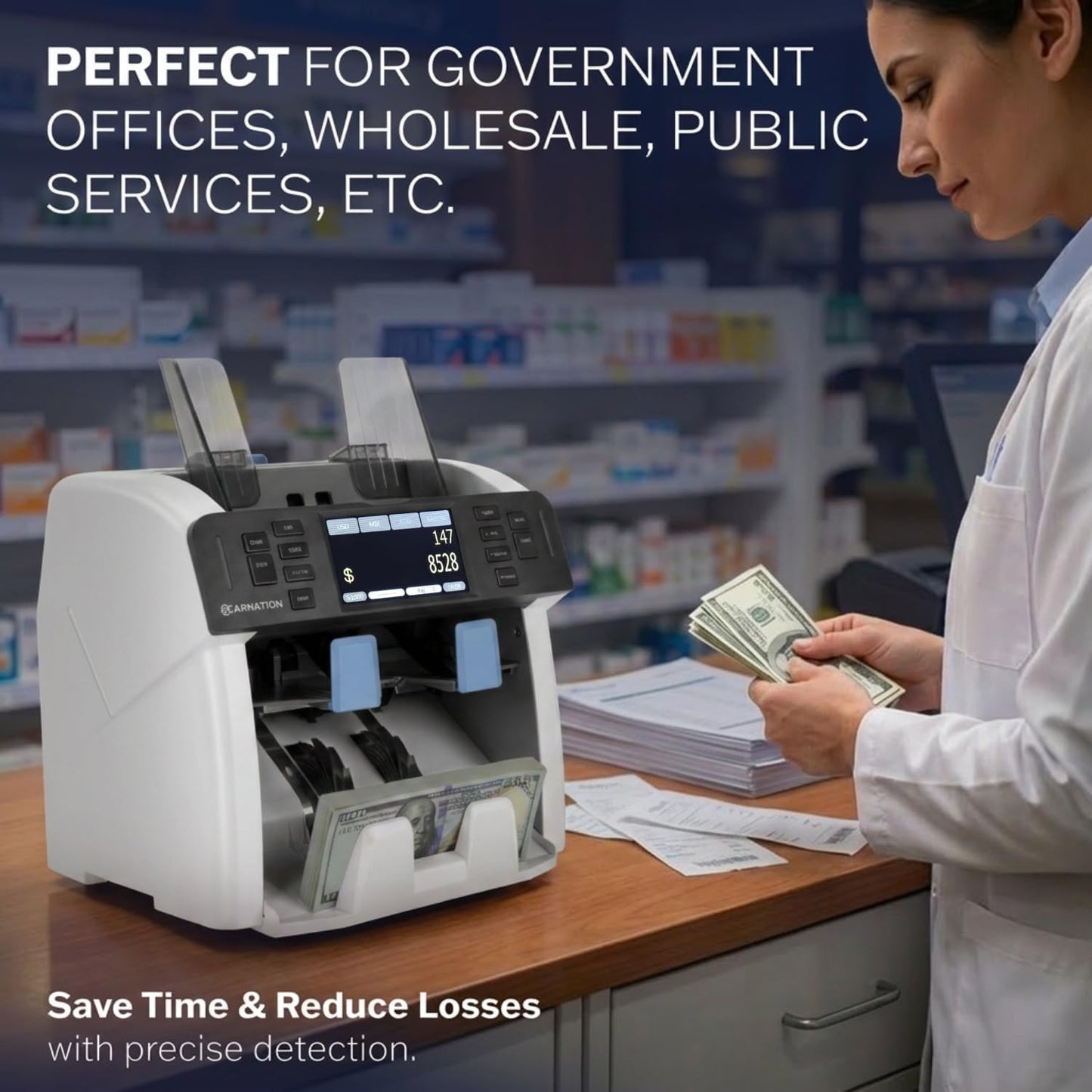 Money Counter Machine Cash Counting & Mixed Denomination Bill Counter, Portable Currency Detector, Counterfeit Bank Scanner, Dollar Sorter for Commercial, 1100 N/M, UV/MG/MT/IR/2CIS