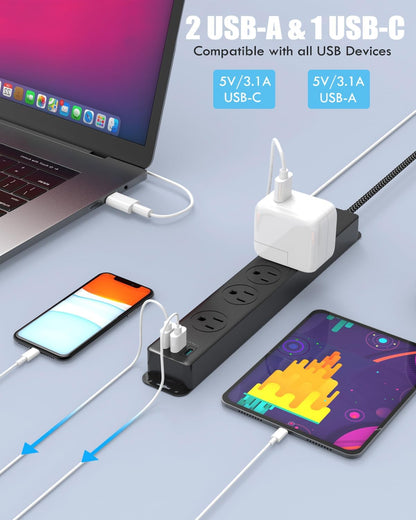 Surge Protector Power Strip with USB C Ports, 5FT Braided Extension Cord, 5 Outlets and 3 USB Ports(1 USB C),  Mountable Power Strips Flat Plug with Overload Protection | 5 Outlets and 3 USB Ports(1 USB C), Mountable Power Strips Flat Plug with Overload Protection for Home, Dorm, Office
