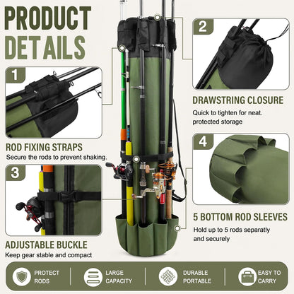 Portable Fishing Rod Storage Bag - Waterproof Canvas Carrier for Tackle Gear Organization
