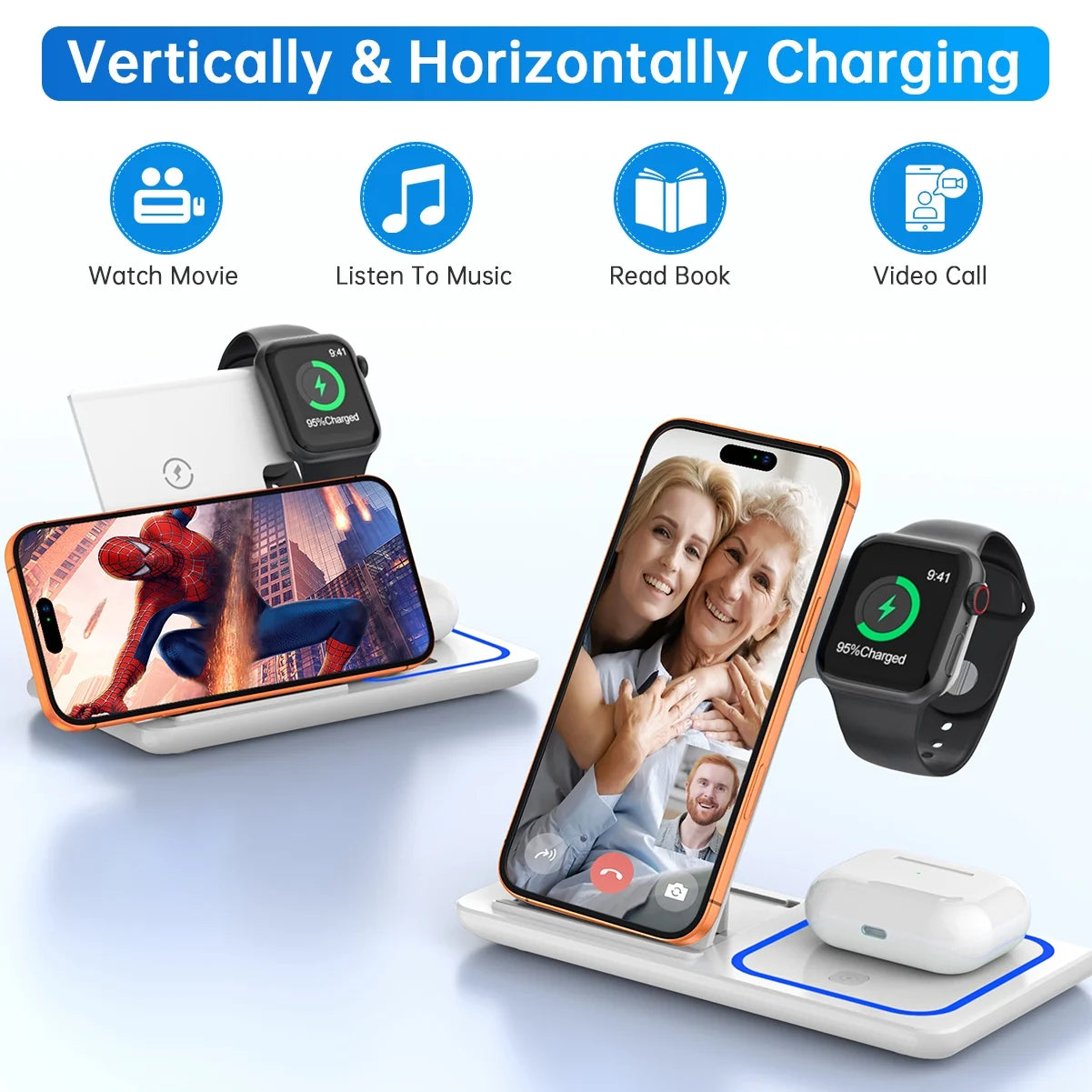 3-in-1 Wireless Charging Station, 18W Fast Charger Dock for Apple Watch Series 1-11, iPhone 14-17, Samsung Devices, and AirPods