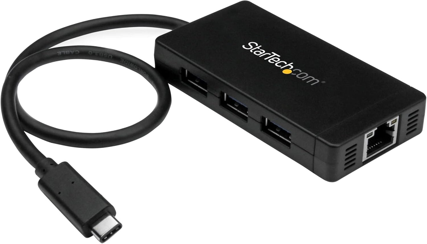 Startech 3-Port USB-C Hub with Gigabit Ethernet and 3X USB-A, 5Gbps, TAA | Built-In 30Cm USB-C Cable, 3X USB-A, Fully Powered Connected Devices, Desktop Placement, Small Footprint