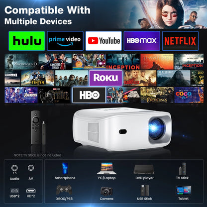 Mini Projector with Wifi and Bluetooth, Native 1080P Portable Projector 4K Supported, 15000 Lumens Movie Projector with Speaker, 50% Zoom, Keystone, Outdoor Projector for Home Theater, Camping