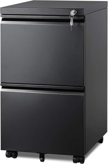 2 Drawer Metal File Cabinet, Fully Assembled Filing Cabinet | under Desk Mobile File Cabinet with Lock for Home Office, Fits Letter/Legal/A4 Size Files, Black