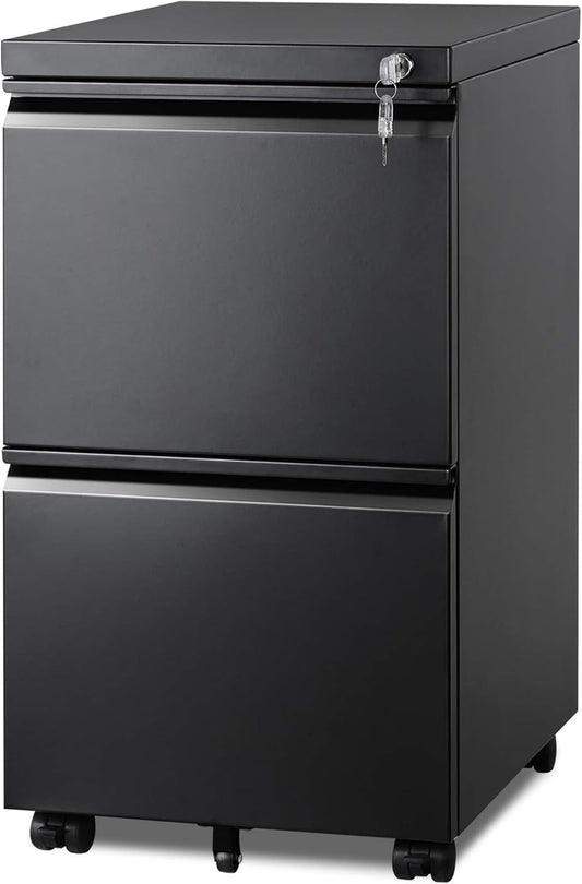 2 Drawer Metal File Cabinet, Fully Assembled Filing Cabinet | under Desk Mobile File Cabinet with Lock for Home Office, Fits Letter/Legal/A4 Size Files, Black