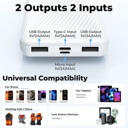 20000 Mah Portable Charger Power Bank Dual USB Battery Pack for Iphone, Ipad, Galaxy, Android, Pixel and Tablet (White)