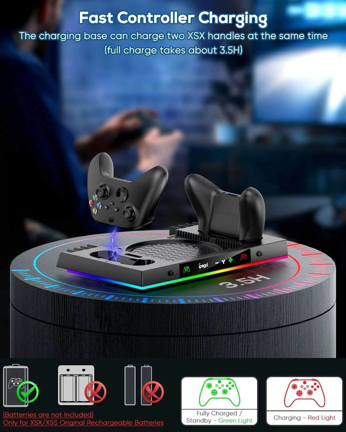 Enhanced RGB Cooling Fan and Charging Station for Xbox Series X Console and Controller - Wireless Dual Charger Dock and Cooler System Stand with 15 Color Light Modes and Accessory Storage