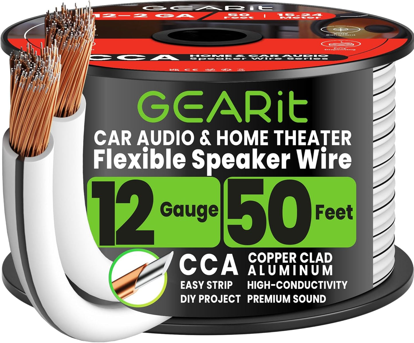12 Gauge Speaker Wire 50FT,12/2 Speaker Cable for Home & Car Audio | White Speaker Wire 12 Gauge with Foot Markers,Polarity Marked,12 AWG Speaker Wires for DIY Installations(Cca,White)