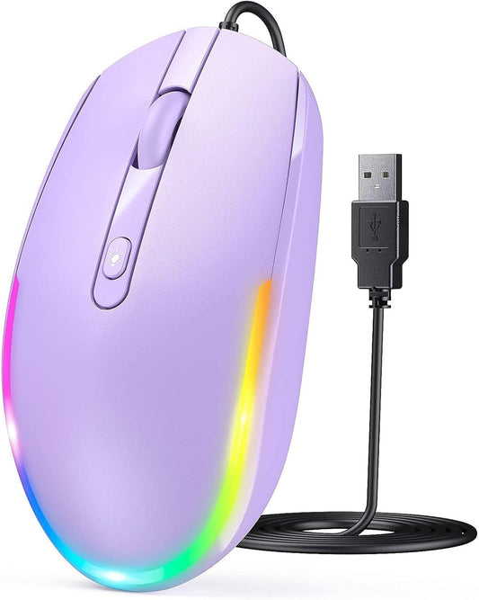 Wired Mouse, RGB Backlit 1600 DPI Corded Mouse for Laptop/Pc, Purple | Plug-And-Play with Quiet Clicks and Optical Tracking for Laptop, PC, Chromebook, Desktop, Office, School, and Home