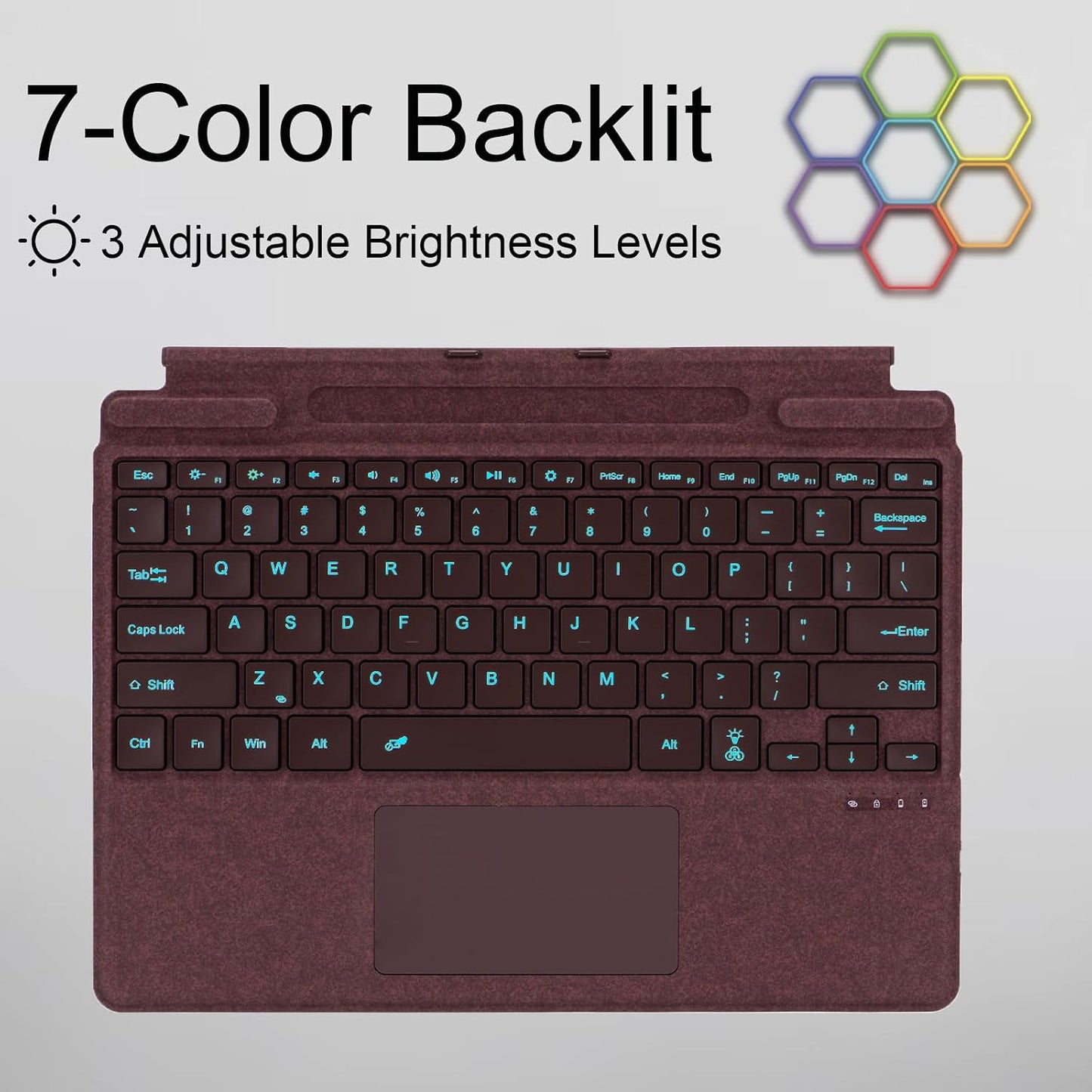 Ultra-Slim Bluetooth Keyboard with Multi-Touchpad and 7-Color LED Backlight for Microsoft Surface Pro 11/10/9/8/X, 13 Inch (Burgundy)