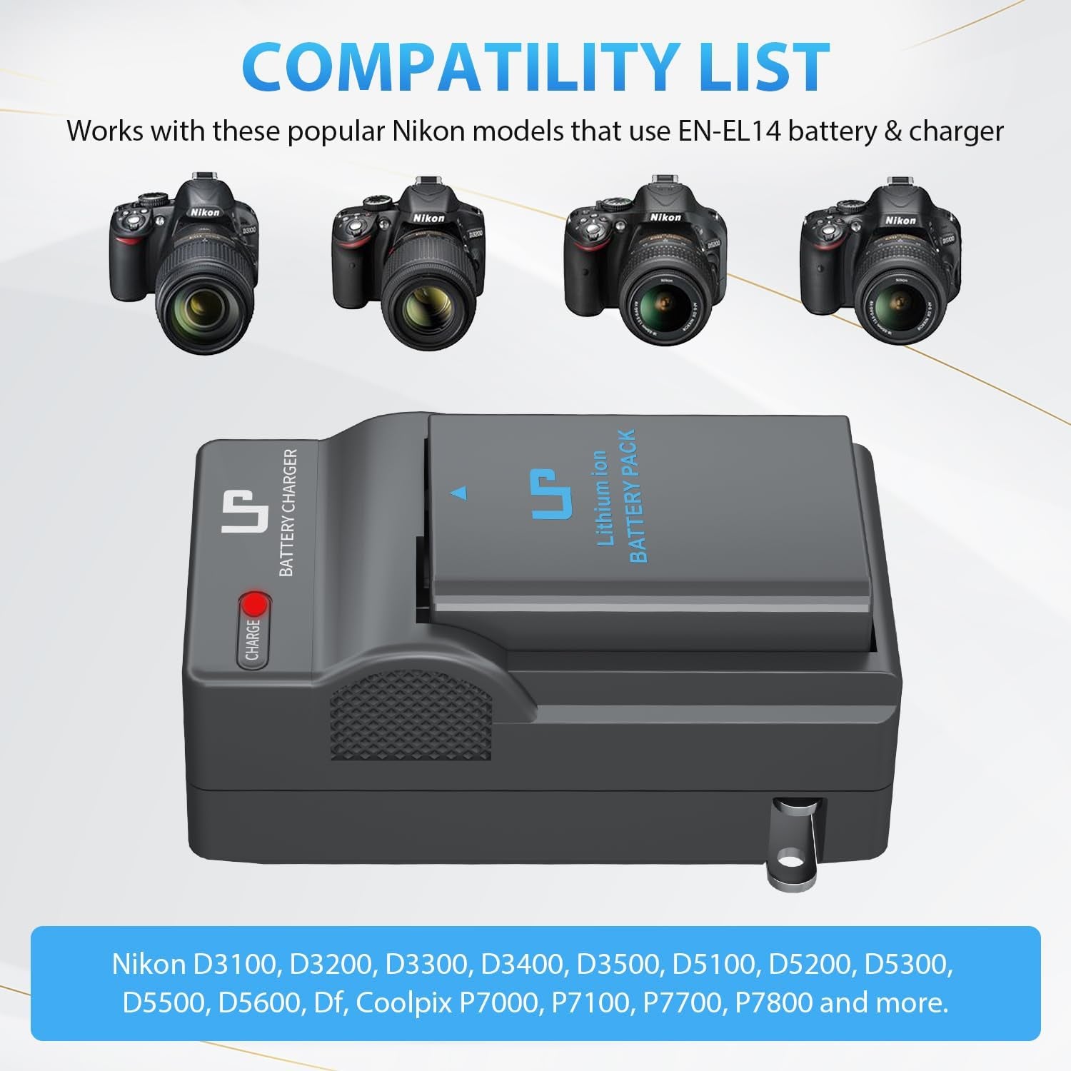 EN-EL14 EN El14A Battery and Charger Pack | for Nikon D3500, D5600, D3300, D5100, D5500, D3100, D3200,D5200, D5300, D3400, DF, Cooix P7000, P7100, P7700, P7800 Cameras