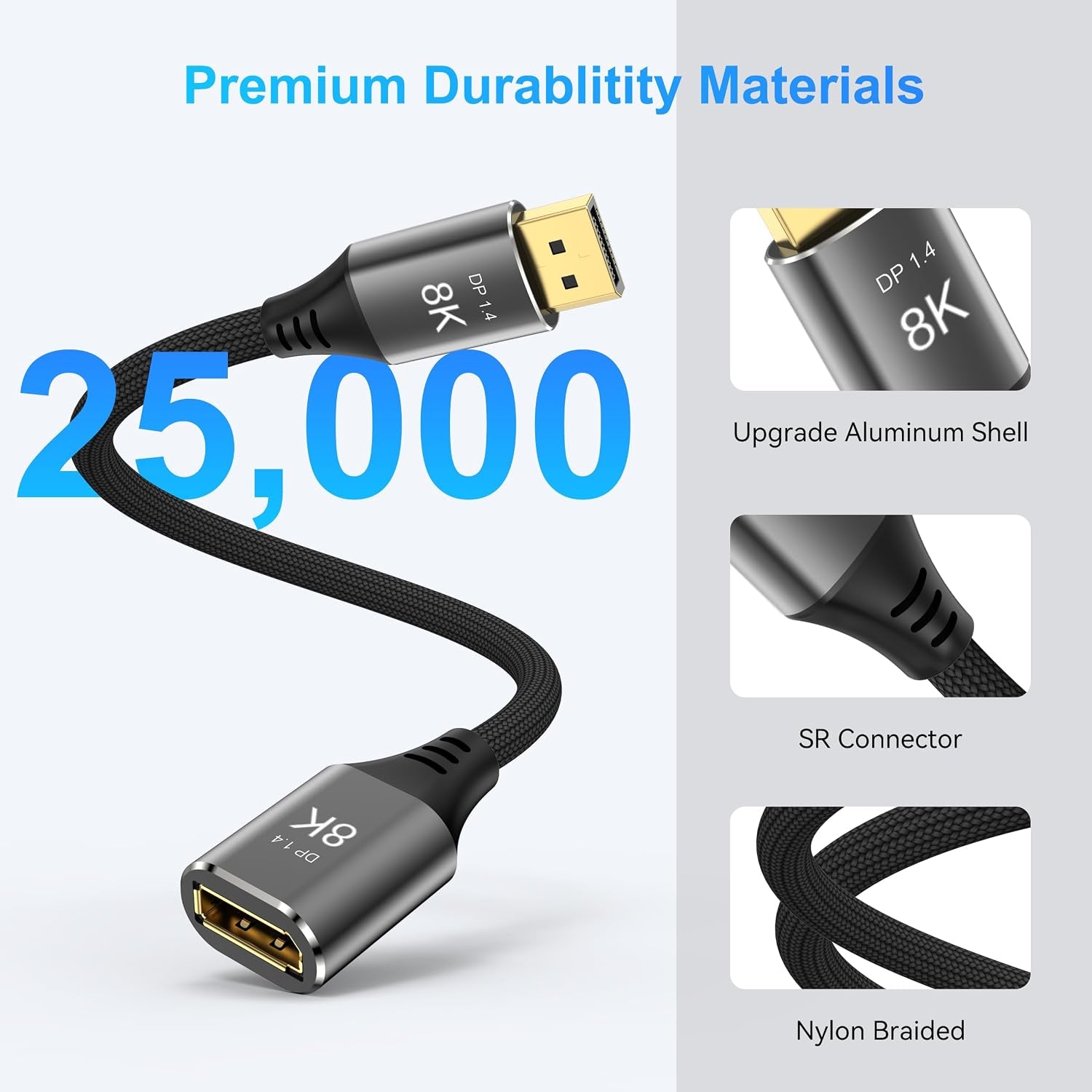 8K Displayport Extension Cable 1.5Feet, Displayport 1.4 Male to Female Extension Cable, Braided DP to DP Extended Cord, Supports 8K@60Hz,4K@120Hz (Grey, 1.5 Ft)