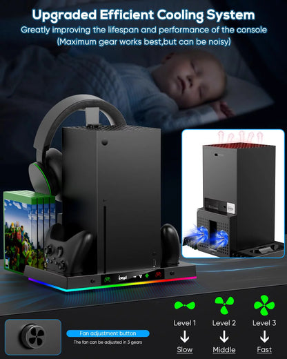 Enhanced RGB Cooling Fan and Charging Station for Xbox Series X Console and Controller - Wireless Dual Charger Dock and Cooler System Stand with 15 Color Light Modes and Accessory Storage