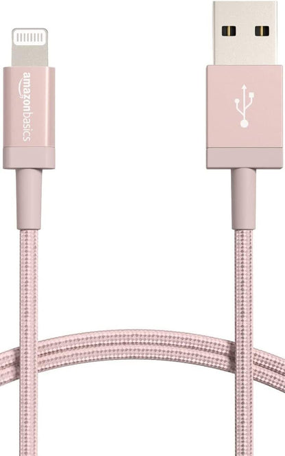 USB-A to Lightning Cable, Apple Mfi Certified, Nylon Braided Cord for Iphone 14 13 12 11 X Xs Pro, Pro Max, Plus, Ipad, Data Sync, High Speed Transfer, 3 Foot, Rose Gold