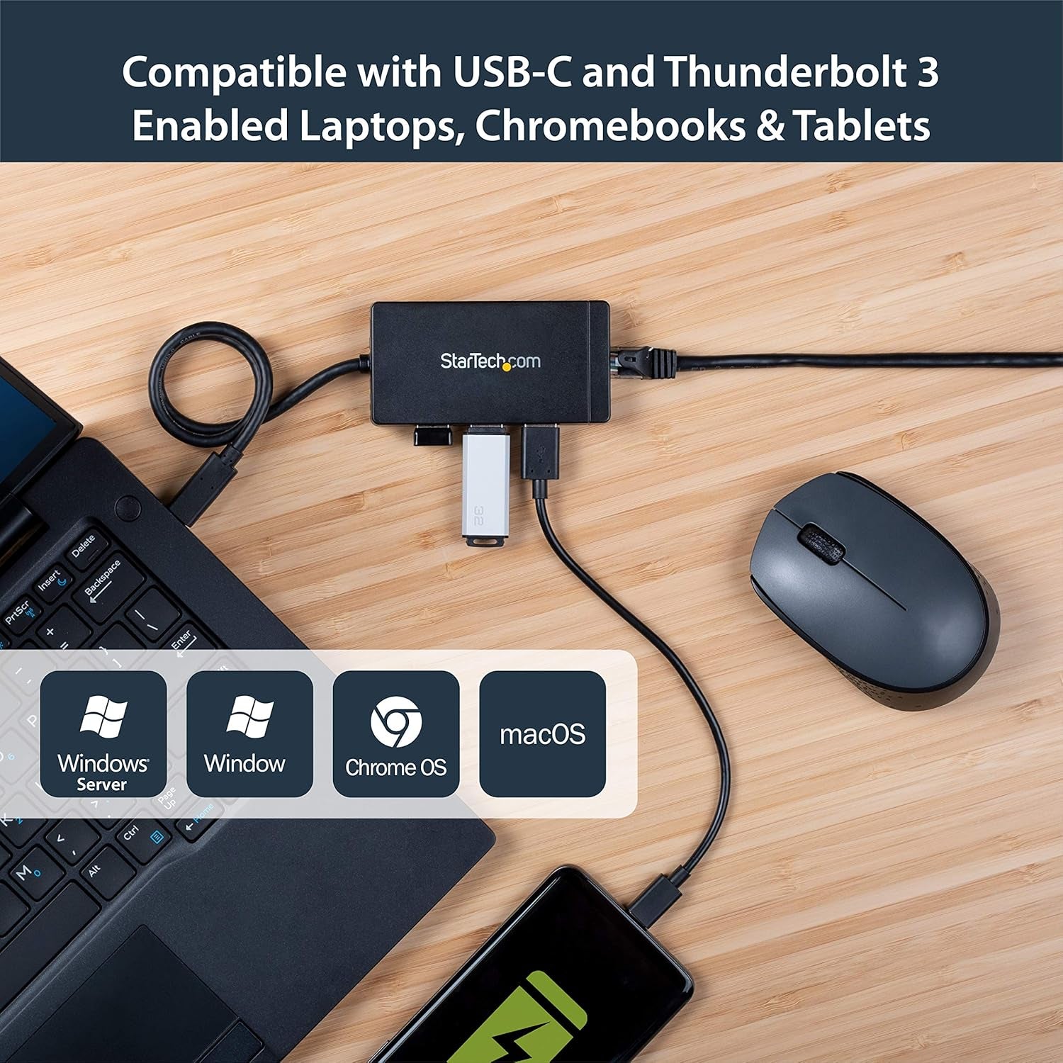Startech 3-Port USB-C Hub with Gigabit Ethernet and 3X USB-A, 5Gbps, TAA | Built-In 30Cm USB-C Cable, 3X USB-A, Fully Powered Connected Devices, Desktop Placement, Small Footprint
