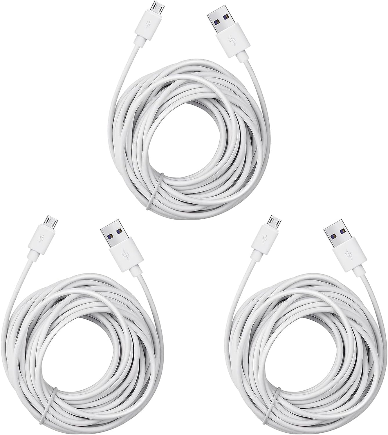 Micro USB Extension Cable for Wyze Cam V3 / Pan V2, Blink Mini, Yi Outdoor | Home Camera - Extra Long Power Cord, 25 Ft, White, 3-Pack