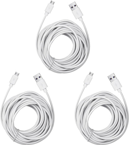 Micro USB Extension Cable for Wyze Cam V3 / Pan V2, Blink Mini, Yi Outdoor | Home Camera - Extra Long Power Cord, 25 Ft, White, 3-Pack