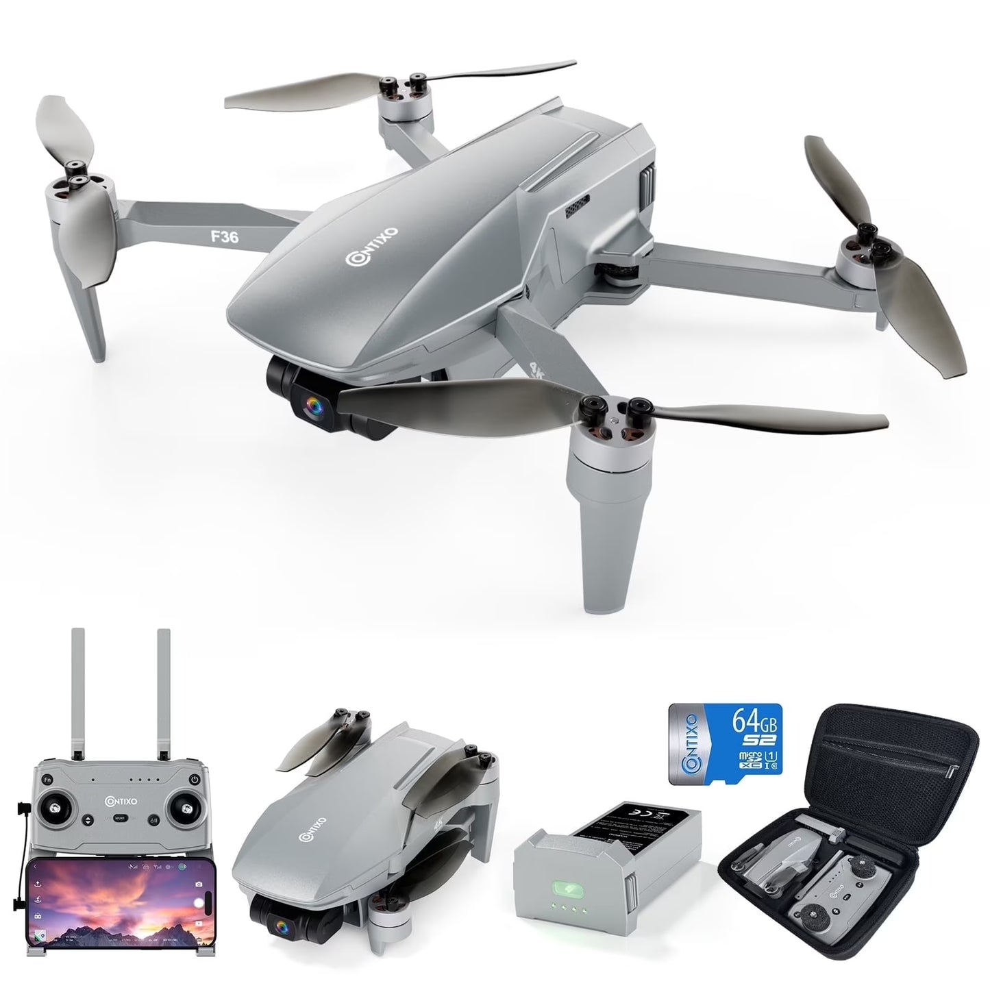 F36 GPS Mini Drone with 4K UHD Camera, 3-Axis Gimbal, RC Quadcopter, and Brushless Motor, Silver