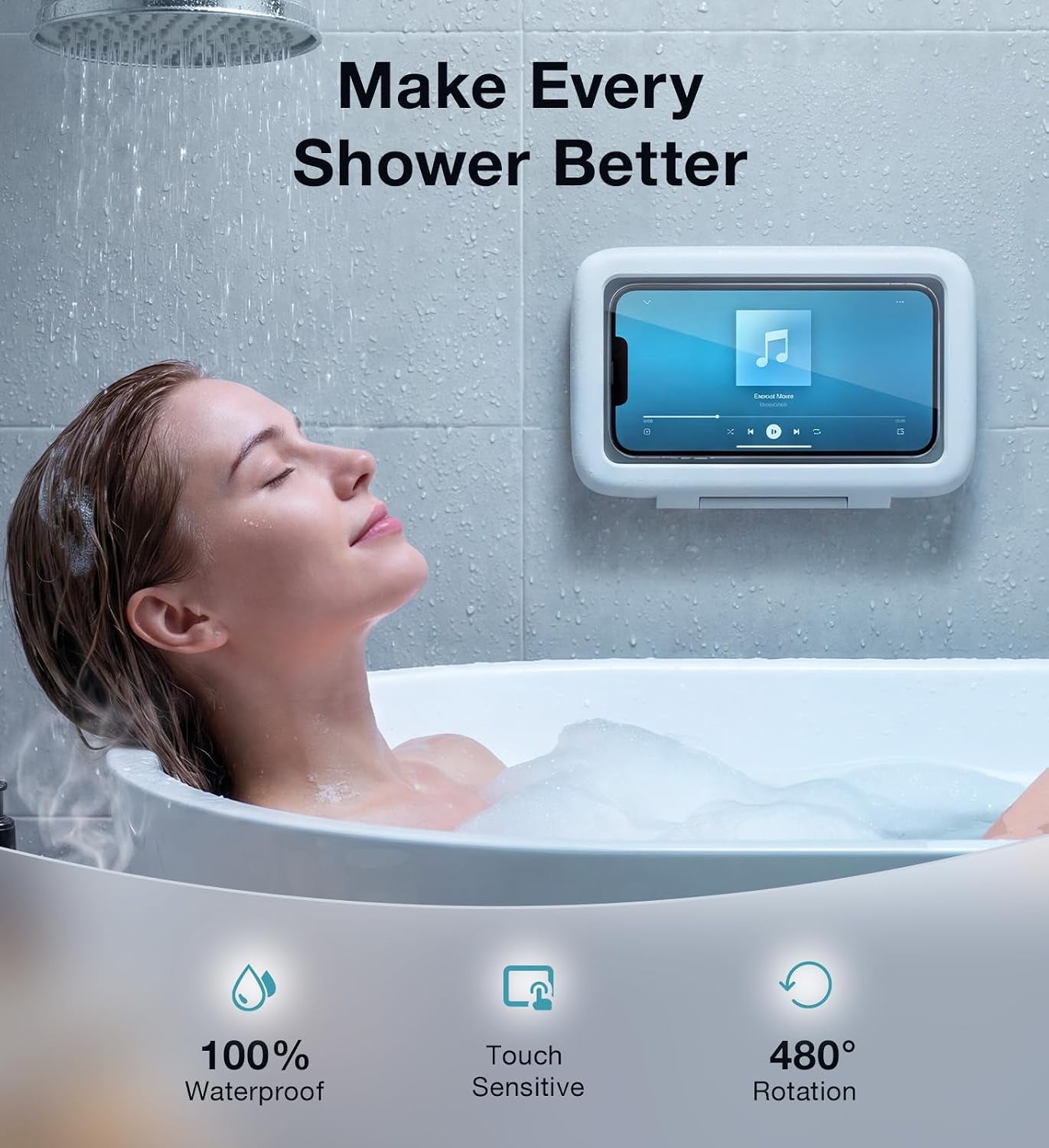 Shower Phone Holder Waterproof, 480° Rotatable Adjustable Bathroom Wall Phone Mount Stand, Anti-Fog High Sensitivity Iphone Case, anti Fog Case Bathroom Accessories for 4-7'' Cellphones