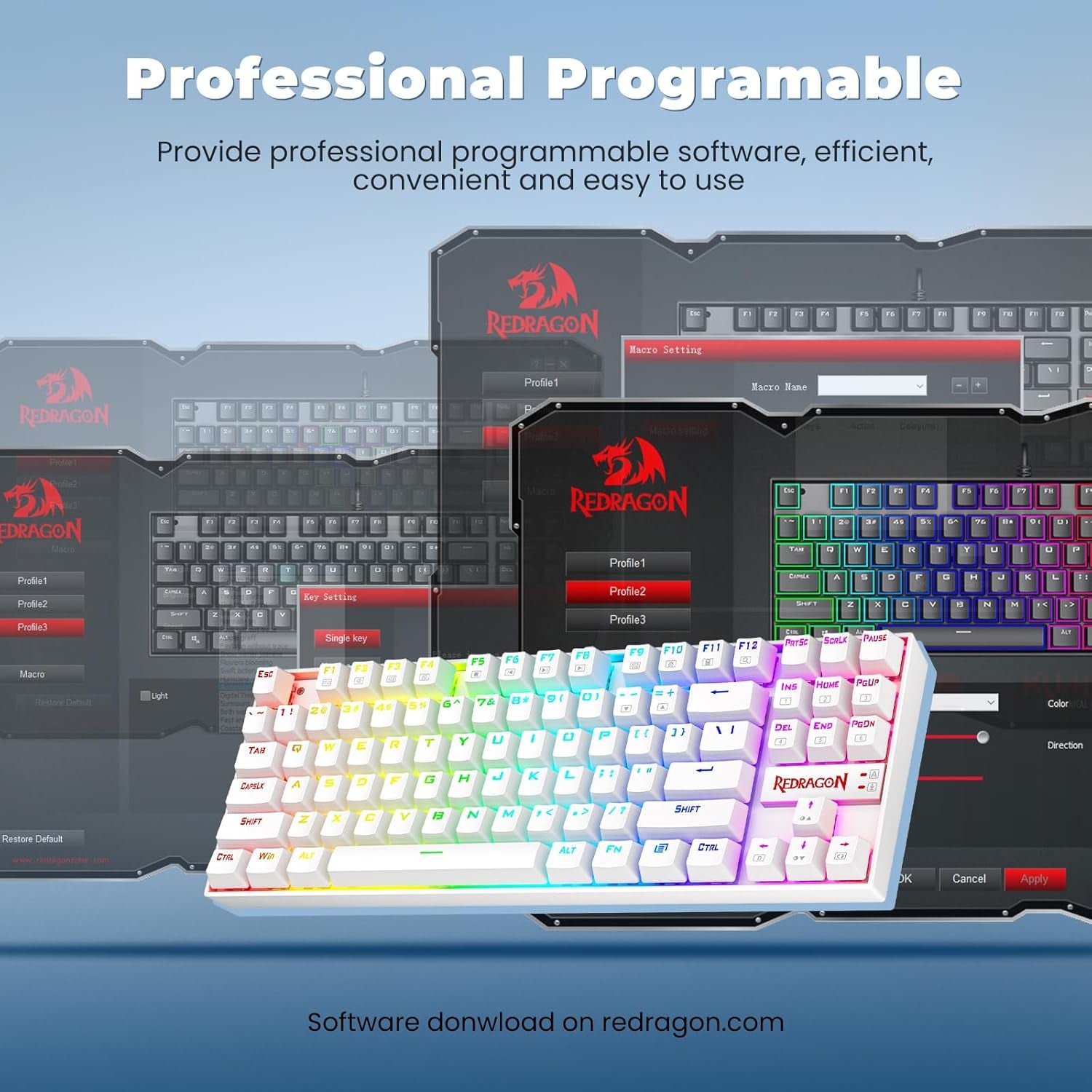 K552P Mechanical Gaming Keyboard TKL with 18 Backlight Modes, Hot-Swappable Blue Switches, 87-Key Compact Ergonomic Design, N-Key Rollover & Software Programmable Macro - RGB, White