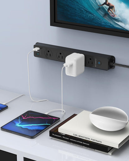Surge Protector Power Strip with USB C Ports, 5FT Braided Extension Cord, 5 Outlets and 3 USB Ports(1 USB C),  Mountable Power Strips Flat Plug with Overload Protection | 5 Outlets and 3 USB Ports(1 USB C), Mountable Power Strips Flat Plug with Overload Protection for Home, Dorm, Office